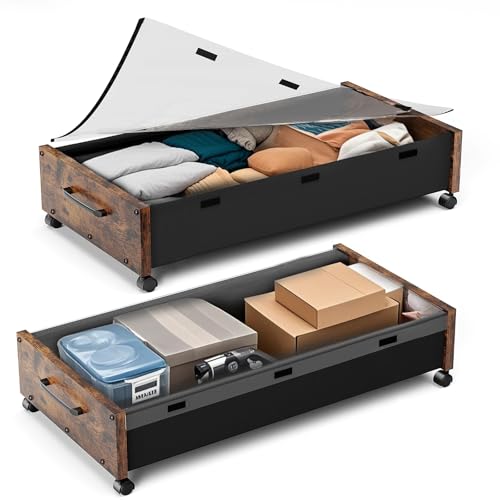 KITHELP Wooden Under Bed Storage with Wheels, 80L Extra-large Rolling Under the Bed Storage Bins 2 Pack with Removable Lid, Upgrade Metal Under Bed Drawers for Clothes Shoes Blankets in Bedroom - color: Vintage Brown 90cm-2pack