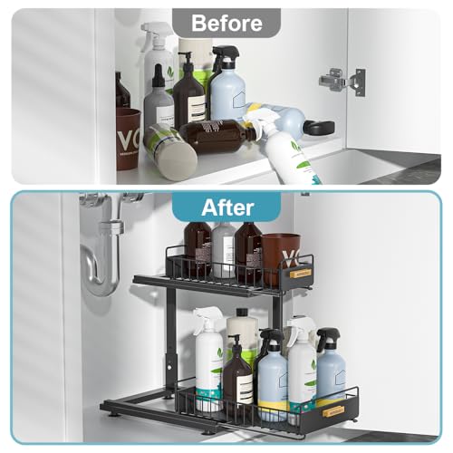 Under Sink Organizer Kitchen, 2 Tier Under Sink Organizers and Storage, Pull out Cabinet Organizer Shelf, Metal Drawer for Kitchen Bathroom Pantry Cabinet Closet Organization Rack, Black, 1 Pack - color: Black-1 Pack, size: Double Layer