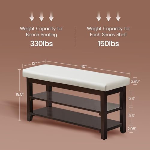 40" Shoe Bench with Leather Cushion, 2-Tier Shoe Rack Entryway Bench, Wood Bench for Front Door Entrance, Mudroom, Hallway, Wooden Shoe Shelves, Shoe Organizer, Shoe Storage, White - color: White