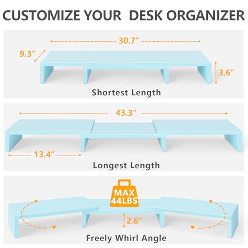 TAVR Dual Monitor Stand Riser Office Desktop Organizer Stand for 2 Monitors, Adjustable Length and Angle 3 Shelf, Extra Long Multifunctional Stand up to 43.3" fit Computer, Laptop, TV, Blue - color: Blue