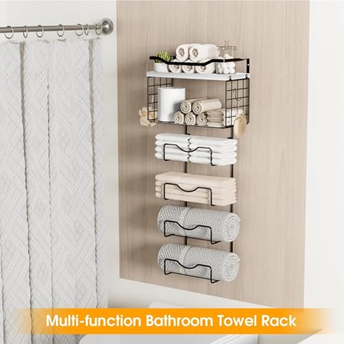 Towel Racks for Bathroom,Towel Rack Wall Mounted, 6 Tier Rolled Or Folded Towel Holder with Floating Shelves, Bathroom Towel Holder for Bath, Hand Towels,Metal,White Wood Panel - color: White Plack, size: J-type Black Rack