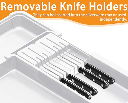 Homecor Kitchen Drawer Organizer Large Expandable Silverware Organizer, Utensil Holder and Flatware Tray, Kitchen Spatula Tools and Gadgets Storage with Removable Knife Blocks and 3 Dividers, White - color: White
