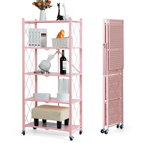 BRIAN & DANY 5-Tier Foldable Storage Shelves with Wheels, Folding Metal Rack Shelving Unit, Heavy Duty No Assembly Organizer Shelf for Garage, Kitchen, Basement, Pantry, Pink - color: Pink, size: 5-tier