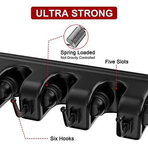 LETMY Broom Holder Wall Mount - Mop and Broom Hanger Holder - Garage Storage Rack & Garden Tool Organizer - 5 Position 6 Hooks Broom Rack for Home, kitchen, Garden, Tools, Garage Organization - Black - color: Black