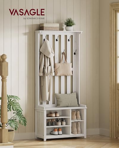 VASAGLE Hall Tree with Bench and Shoe Storage, Coat Rack with Shoe Bench, 7 Double Hooks for Jackets, Hats, Entryway, Bedroom, Living Room, 13.8 x 31.9 x 70.9 Inches, Rustic White UHSR414W01 - color: Rustic White