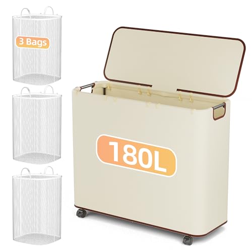 Yecaye 180L Laundry Basket With Lid and Removable 3 Bags, Large Rolling Laundry Hamper with Lid, 3 Section Rolling Clothes Storage With Wheels, Clothes Hamper with Wheels For Laundry Room, Beige