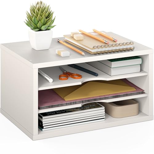 Ballucci File Organizer, 3-Tier Document Paper Sorter, Stackable Wood Desk Organizer, Mail Sorter and Monitor Stand with Storage Shelves, White - color: White, size: 3 Tier