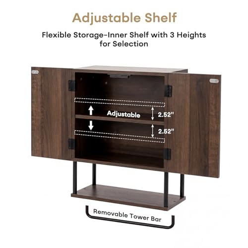 Farmhouse Fluted Bathroom Wall Cabinet,3-Tier Curved Profile Wooden Medicine Cabinet with 2 Doors,Over the Toilet Storage Cabinet Walnut Wall Mounted with Adjustable Shelf and Towel Bar - color: Dark Walnut, size: Small