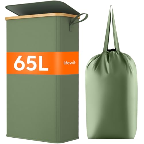 Lifewit 65L Slim Laundry Hamper with Lid, Narrow Laundry Basket with Removable Bag & Bamboo Handles, Fodable Thin Dirty Clothes Hamper for Laundry Collapsible Bin for Bathroom Bedroom Dorm, Green - color: Green, size: 65L