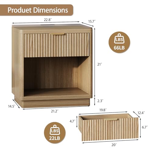 Fluted Nightstand with Charging Station, 22.8Inch Wide Bedside Table End Table with Drawer, Curved Corners, Modern Bedside Table for Bedroom, Living Room, Sofa, Oak - color: Rectangle - Oak