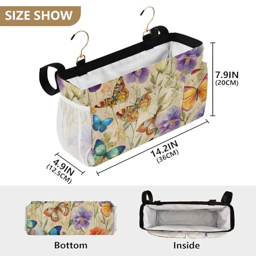 Bedside Caddy Metal Frame Hanging Organizer Bunk Bed Dorm Accessories Hook And Loop Storage Bag Large Pockets Cottagecore Beige Butterflies Flowers - color: Cottagecore Beige Butterflies Flowers