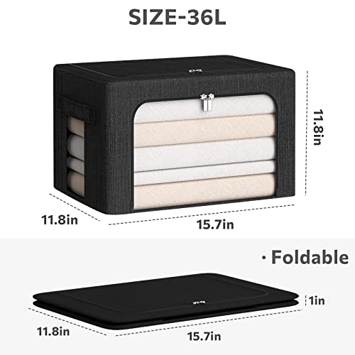 CYhom Clothes Storage Bins Box - Linen Fabric Foldable Stackable Container Organizer Set with Clear Window & Carry Handles & Metal Frame (Black, Medium-36L) - color: Black, size: Medium-36L