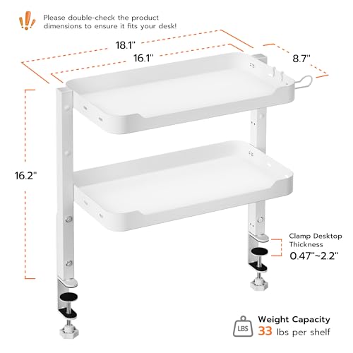 ARES WING 2-Tier Clamp On Desk Shelf, 16 inch Adjustable Above or Under Desk Storage Shelves Holds 66 lbs, Heavy Duty Desktop Organizer with Headphone Holder for Working and Gaming Accessories, White - color: White, size: Dual Shelf