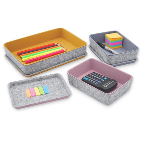Welaxy Lidded Felt Drawer Organizer Bin with lids Desktop Stackable Organizer Storage box for crafts office supplies pen notes Junk Makeup Stationery Organize 3-Pack ( Curry+Dusty rose +Glacier gray) - color: Curry+Dusty rose +Glacier gray