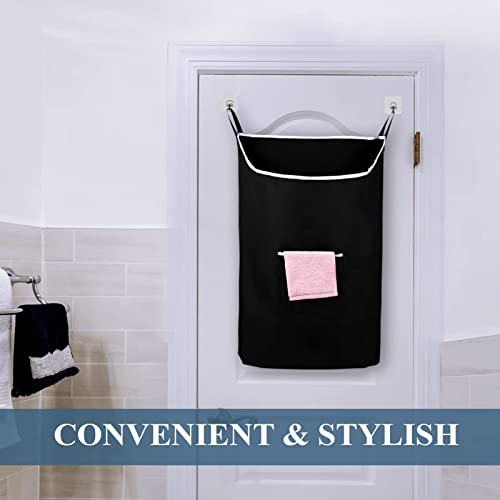 The Fine Living Co. Large Hanging Laundry Hamper with Over Door Hooks & Adhesive, Durable Space Saving Laundry Bag with Zipper and Wide Open Top, Hanging Dorm Laundry Hamper 18"x4.75"x28" (Black-L) - color: Black-L, size: Large
