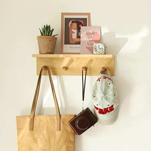 Wall Mount Coat Rack with Shelf, Sturdy Wooden Floating Shelf withHooks Save Your Indoor Space, Wall Organizer siutable for Entryway, Mudroom,Kitchen, Bathroom, etc(Oak Finish) - color: Oak finish