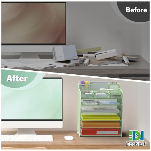 Docnest 6 Tier Mesh Desk Organizer for Paper Office Supplies – Multi-Functional Letter Tray with 5 Adjustable Compartments, 6 Pen Holders, Desktop Storage for Files, Mail, Stationery – Green - color: Green, size: 12.7" x 9.1" x 15.5"