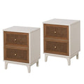 COZAYH Set of 2 Fully-Assembled 2-Drawer Woven Cane Front Accent Nightstand with Brass Knobs, Distressed White - color: Distressed White, style: 2 Drawer/2 pack