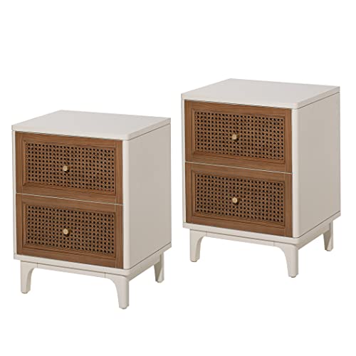 COZAYH Set of 2 Fully-Assembled 2-Drawer Woven Cane Front Accent Nightstand with Brass Knobs, Distressed White - color: Distressed White, style: 2 Drawer/2 pack