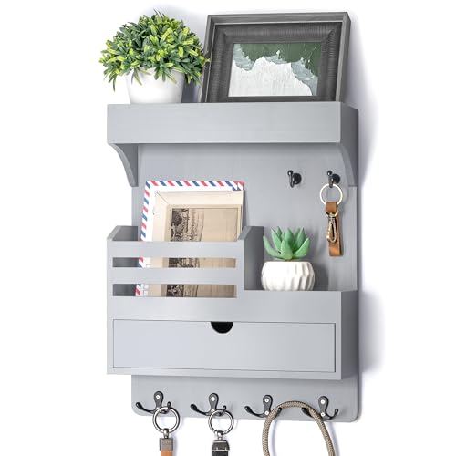 Rebee Vision Wooden Key Holder Wall Mount with Drawer Organizer – Modern Mail and Key Organizer for Wall Featuring 6 Robust Hooks & a Floating Shelf – Trendy Home Decor Solution (Gray) - color: Gray, style: Large Drawer