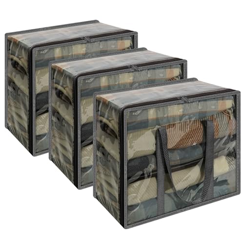 Vieshful Grey 40L Clear Clothes Storage Bag with Zipper 3 Pack Colorful Clothes Organizer Vinyl Storage Bag for Comforter, Blanket, Bedding, Duvet, Transparent Moving Totes - color: Grey-3 Pack, size: 40L