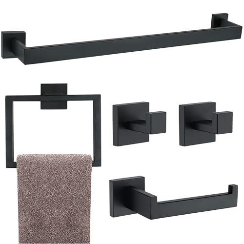 5 Pieces Bathroom Hardware Accessories Set Matte Black, 16Inch Square Towel Racks Set for Bathroom, SUS304 Stainless Steel Towel Bar Set, Bath Accessories Sets Wall Mounted - color: Matte Black, size: 16" 5pcs