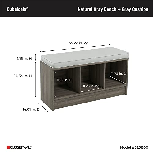 ClosetMaid 3258 Cubeicals 3-Cube Storage Bench, Natural Gray with Gray Cushion - color: Natural Gray With Gray Cushion