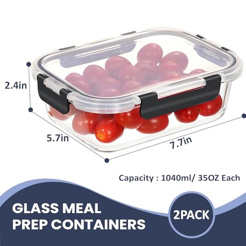 HOTEC 35OZ Glass Food Storage Container, Airtight Glass Lunch Fruit Containers with Lids - Microwave, Oven, Freezer and Dishwasher Safe, 2-PACK - size: 2Pack 35OZ