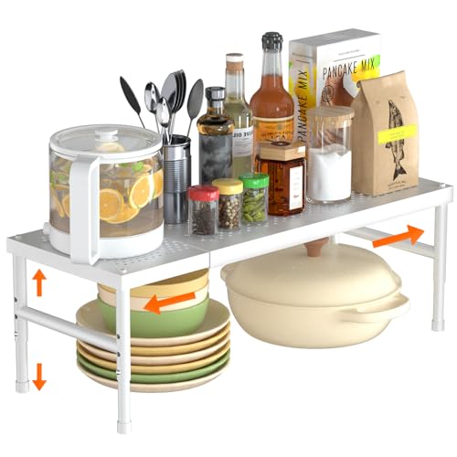 Expandable adjustable stackable kitchen organizer,Spice Racks,Counter Shelf for Cabinets,Small Cupboard Organizers,Heavy Duty Metal Pantry Storage Shelves Racks for kitchen, cabinet, study, bathroom - color: White