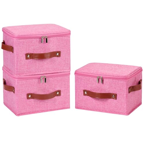 3PCS Storage Bins Boxes with Zippered Lids Cotton Linen Fabric Decorative Basket PU Leather Handles PP Plastic Board Foldable Lidded Clothing Shelf Closet Organizer Container (Pink, Small) - color: Pink, size: Small ( Pack of 3 )