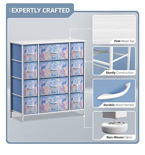 Sorbus Kids Dresser with 12 Drawers - Chest Organizer Unit with Steel Frame Wood Top & Handle, Fabric Bins for Clothes - Large Furniture for Bedroom Hallway Kids Room Nursery & Closet (Blue - Tie-dye) - color: Tie Dye Blue, size: 12 Drawer