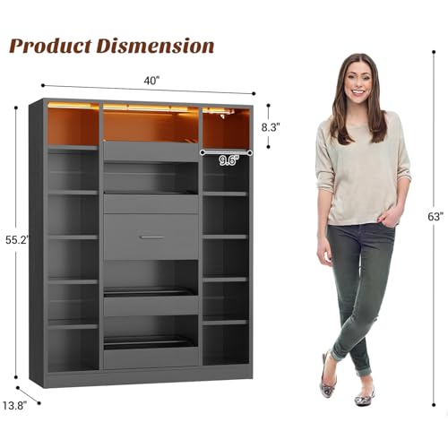 Besiost 40" Closet System with LED Lights, Wooden Closet Organizer with Drawers & Shelves, Versatile Closet Storage Tower for Walk-in Closets, Shoe Rack and Handbag Storage Cabinet, Black - color: Black
