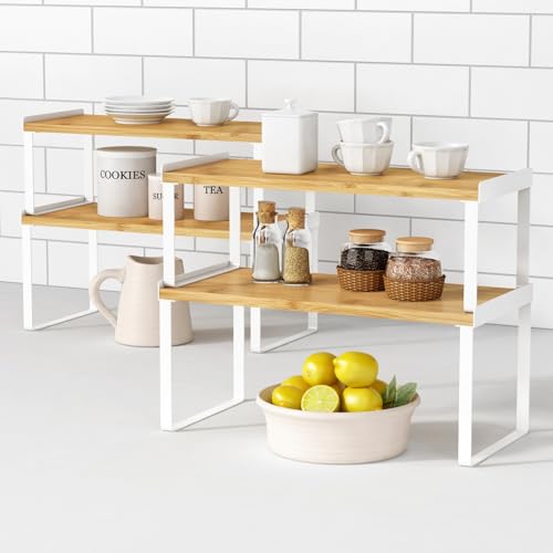 Goozii Kitchen Cabinet Organizer Shelf Set of 4, Large Stackable Pantry Cupboard Countertop Storage and Organizer, Desk Shelf Riser, Spice Plate Cup Expandable Storage Rack (Bamboo White) - color: White-bamboo, size: Large