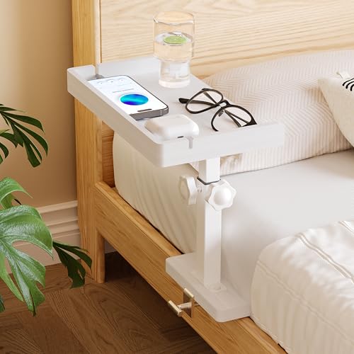 Wealone Adjustable Bedside Shelf for Bed, White College Dorm Room Essentials, Bamboo Bed Side Tray Table with Sturdy Metal Pole, Clip On Nightstand Organizer for College, Apartment, Bunk Beds - color: White