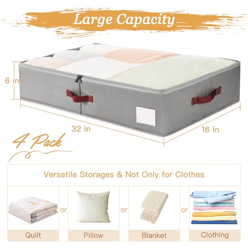 Criusia Under Bed Storage Bins with Clear PVC Lids – 4 Pack Large Underbed Organizers with Heavy-Duty Handles, Reinforced with 800G PP Panels & 80G Non-Woven Fabric – Waterproof & Foldable, Gery - color: 4 Pack Gery