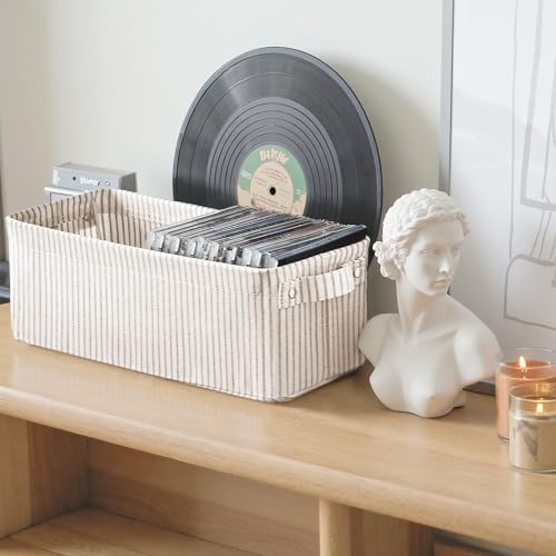 StorageWorks Narrow Storage Bins, Small Basket for Closet and Shelves, Fabric Organizer with Handles, Toilet Paper Storage, Khaki and Beige Stripes, 2-Pack - color: Khaki and Beige Stripes, size: 15"L x 6"W x 5"H