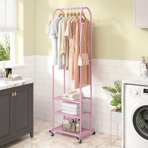 Kaitiemoo Heavy Duty Clothing Rack with Wheels,Modern Garment Rack with 3 Metal Shelves, 71.8Inches Display Rack for Hanging Clothes, Hanging Rod for Small Space,Pink - color: Pink