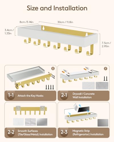 Key Holder Wall Mount Adhesive Magnetic - Hanging Key Hooks with Mail Organizer Tray for Wallet House - Keys Hanger Rack with Shelf for Camper Entryway Door Home Living Room Decor Large Gold White - color: Gold White, size: Large