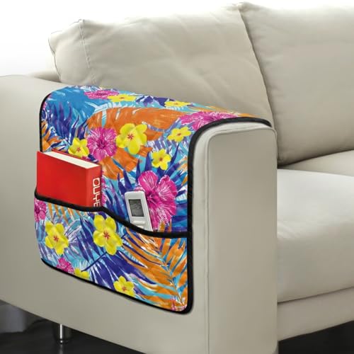 Colorful Tropical Hibiscus Print Sofa Armrest Cover Washable Armchair Slipcovers with Side Storage Pocket Couch Arm Protector Non-Slip Chair Arm Covers - color: Colorful Tropical Hibiscus