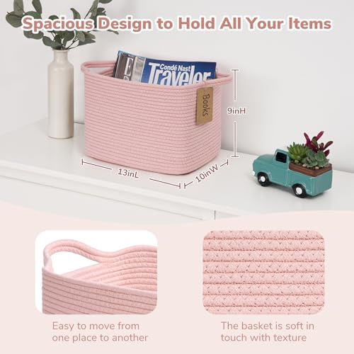Goodpick Woven Storage Basket for Shelves, Small Baskets for Organizing, Rectangle Baby Nursery basket, Towel Baskets for Bathroom, Living Room, 13 x 10 x 9 Inches, Light Pink - color: Pink, size: 13"L x 10"W x 9"H