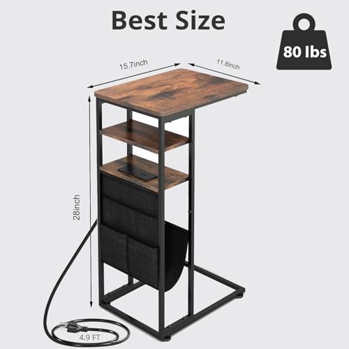 C Shaped End Table with Charging Station, 28"(H) 3-Tier C Table with Storage Bag, Under Couch Table C-Shaped End Table with Storage Shelves and Bag for Living Room, Bedroom, or Office - color: Rustic Brown, size: Wood--with Socket