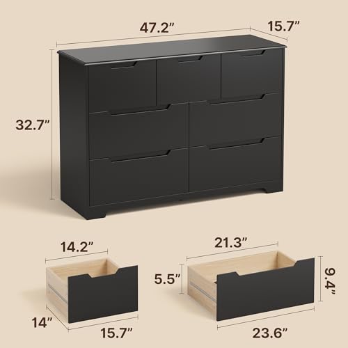 Gizoon 7 Drawer Dresser, 48" Wide Wood Chest of Drawers for Bedroom, Black Modern Storage Organizer, Handle Free Design, Living Room, Kids Room, Entryway, Hallway, Black - color: Black, size: 15.7"D x 47.2"W x 32.7"H (7 Drawers)