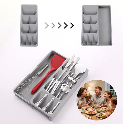 Expandable Kitchen Drawer Organizer Tray, 15.9×10.3×2.2in,Adjustable Silverware Storage for Spoons,Forks,Knives, Compact Cutlery Holder Saves Space(Grey)