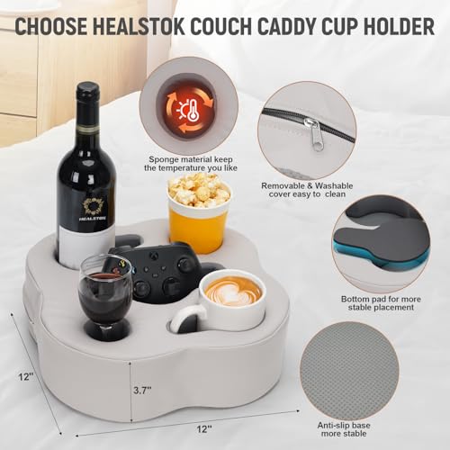 Couch Cup Holder Pillow, Sofa Organizer Caddy Bed Refreshment Tray for Drinks, Remotes, Phones, Snacks (PUGrey) - color: PUGrey, size: 12*12*3.7 Inch