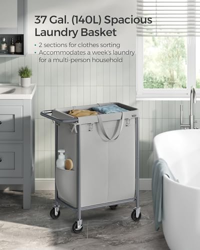 SONGMICS Laundry Basket with Wheels, 2-Section Rolling Laundry Hamper, 37 Gallons (140 L), Removable Liner, Steel Frame with Handle, 27.2 x 15.4 x 31.9 Inches, Dove Gray URLS004G01 - color: Dove Gray, size: 140 L (2-Section), style: Rectangular with handl