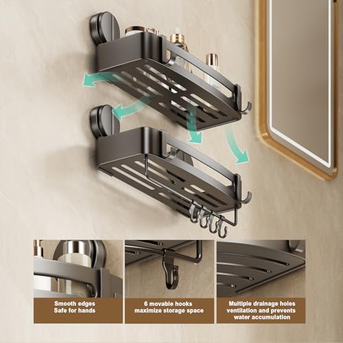 VOLPONE 2 Pack Shower Caddy Suction Cup, Corner Shower Shelves No Drilling, Showers Organizer Storage with Towel Bar & Removable Hooks, Bathroom Shower Shelf Rack for Inside Showers, Square - style: Square 2 Tier