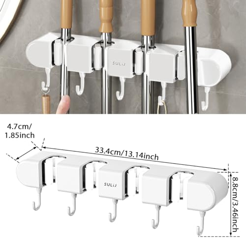 2Pcs Broom Holder Wall Mount, No-Drilling Self-Adhesive Mop and Broom Storage Rack with Hooks (4 Racks with 5 Hooks), Wall-Mounted Broom Hanger for Bathroom, Kitchen, Closet, Garage (White ﻿) - color: White ﻿