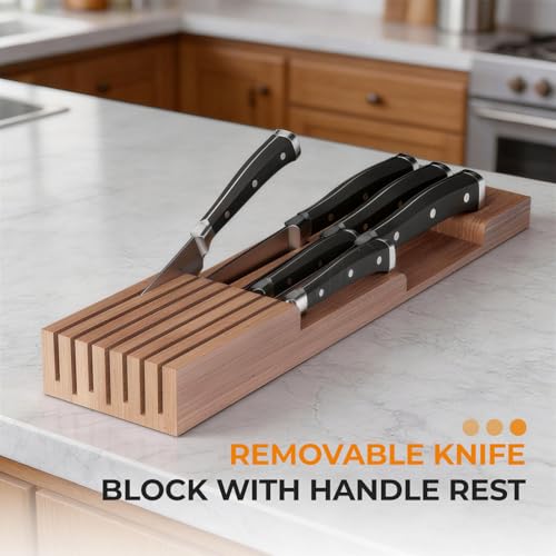 TIOPGHAD Small-Bamboo-Silverware-Drawer-Organizer, Expandable Utensil Kitchen Cutlery Tray Flatware Organization Wood Tableware Dividers Storage (with Removable Knife Block)(Brown) - color: Brown, size: Medium