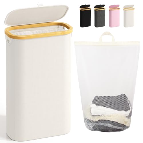 Bathola 75L Slim Laundry Hamper with Lid, Dirty Clothes Hampers for Laundry, Collapsible Laundry Baskets for Small Spaces, Bedroom, Bathroom, Laundry Room, Beige - color: Beige, size: 75L