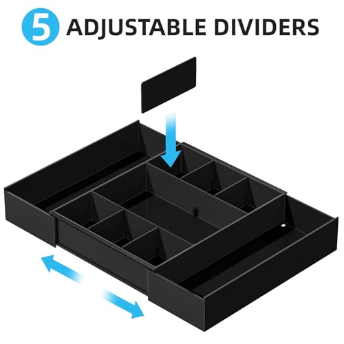 Marbrasse Expandable Desk Drawer Organizer, Clear Plastic Drawer Organizer Tray with 10 Adjustable Compartments, Desk Organizers and Accessories, 5 Drawer Dividers for Office Supplies, Makeup(Black) - color: Black
